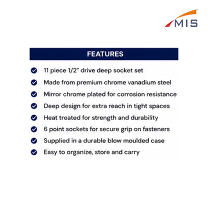 1/2" DRIVE DEEP SOCKET SET (11 PCS.)